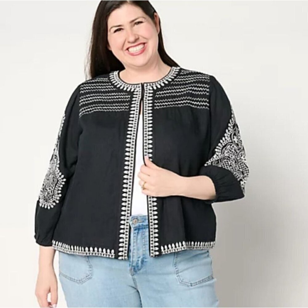 Beautiful By Lawrence Zarian 4X B & W Embroidered Boho Cardigan Jacket QVC